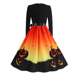 Women‘s Halloween Dress Retro 1950s Vintage Dress Midi Dress Holiday With Belt Bow Pumpkin Square Neck Long Sleeve Regular Fit Spring Fall 2023 Black Yellow S M L XL