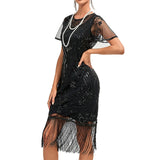 Women's Retro 1920s Fringe Dress Midi Dress Party Holiday Sequins Tassel Fringe Floral Crewneck Short Sleeve Regular Fit Spring Fall 2023 Silver Black S M L XL