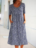 Zjkrl - Navy Blue Short Sleeve Shift Floral-Print Causal Dress