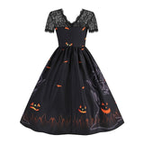 Women‘s Halloween Dress Retro 1950s Vintage Dress Midi Dress Holiday Lace Patchwork Graphic V Neck Short Sleeve Regular Fit Spring Fall 2023 Red Orange S M L XL