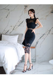 Women's Sexy O Neck Sleeveless Pencil Silhouette Mid Calf Mesh Dress