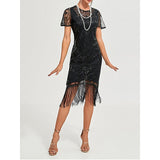 Women's Retro 1920s Fringe Dress Midi Dress Party Holiday Sequins Tassel Fringe Floral Crewneck Short Sleeve Regular Fit Spring Fall 2023 Silver Black S M L XL