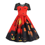 Women‘s Halloween Dress Retro 1950s Vintage Dress Midi Dress Holiday Lace Patchwork Graphic V Neck Short Sleeve Regular Fit Spring Fall 2023 Red Orange S M L XL