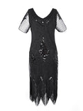 Women‘s Halloween Dress Retro 1920s Fringe Dress Midi Dress Party Outdoor Sequins Tassel Fringe Floral V Neck Short Sleeve Regular Fit Summer Spring 2023 Black Golden S M L XL