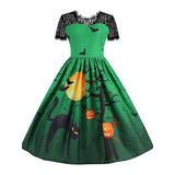 Women‘s Halloween Dress Retro 1950s Vintage Dress Midi Dress Holiday Lace Patchwork Graphic V Neck Short Sleeve Regular Fit Spring Fall 2023 Red Orange S M L XL