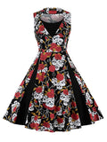 Women‘s Halloween Dress Retro 1950s Vintage Dress Midi Dress Party Button Print Floral V Neck Sleeveless Regular Fit Summer Spring 2023 claret Red black S M L XL