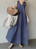 Zjkrl - Literary Denim Tie Back V-Neck Long Dress