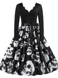 Women‘s Halloween Dress Swing Dress Knee Length Dress White Black Gray Pink Yellow Red Long Sleeve Floral Skull Skeleton Ruched Print Fall Winter V Neck Casual Vintage 2023 S M L XL XXL 3XL