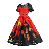 Women‘s Halloween Dress Retro 1950s Vintage Dress Midi Dress Holiday Lace Patchwork Graphic V Neck Short Sleeve Regular Fit Spring Fall 2023 Red Orange S M L XL