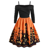 Women‘s Halloween Dress Retro 1950s Vintage Dress Midi Dress Party Ruched Ruffle Pumpkin Spaghetti Strap Long Sleeve Regular Fit Fall Winter 2023 Black Red S M L XL